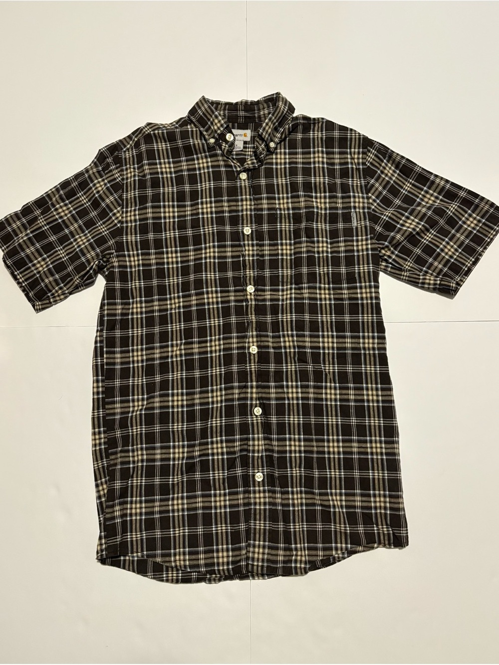 Carhartt Plaid Short Sleeve Button Down Shirt Men’s Small Brown Tan Cotton